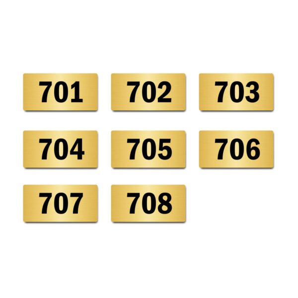 Door Numbers 701 to 708 Acrylic Board Medium Gold Color 2mm Thick 6 x 3 Inches Pack of 8. Suitable for Seventh Floor Buildings, Flats, Apartments, Racks, Shelfs for Arranging | Mindcraftz
