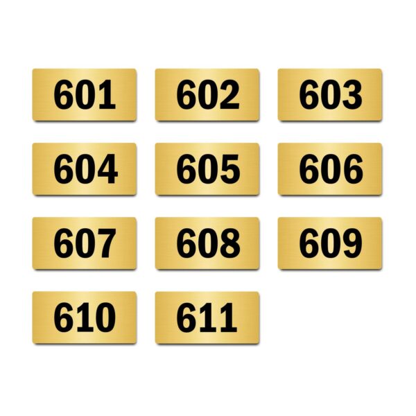 Door Numbers 601 to 611 Acrylic Board Medium Gold Color 2mm Thick 6 x 3 Inches Pack of 11. Suitable for Sixth Floor Buildings, Flats, Apartments, Racks, Shelfs for Arranging | Mindcraftz