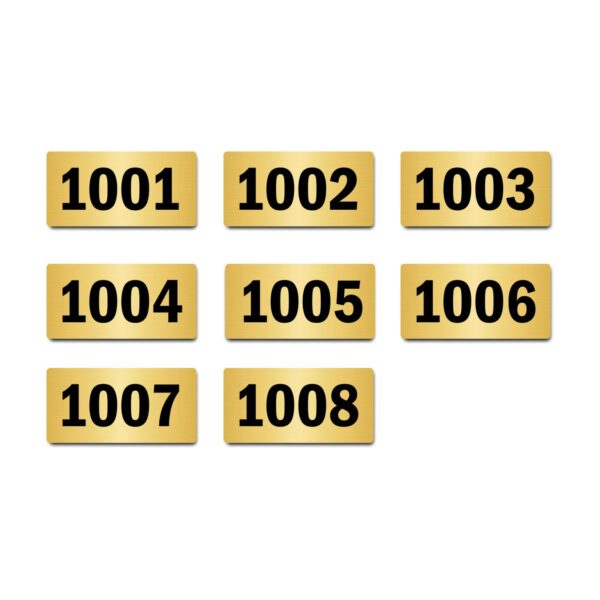 Door Numbers 1001 to 1008 Acrylic Board Medium Gold Color 2mm Thick 6 x 3 Inches Pack of 8. Suitable for Tenth Floor Buildings, Flats, Apartments, Racks, Shelfs for Arranging | Mindcraftz