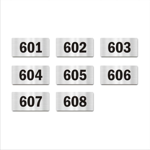 Door Numbers 601 to 608 Acrylic Board Medium Silver Color 2mm Thick 6 x 3 Inches Pack of 8 Suitable for Sixth Floor Buildings, Flats, Apartments, Racks, Shelfs for Arranging | Mindcraftz