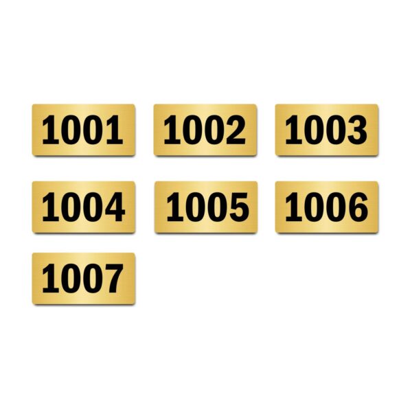 Door Numbers 1001 to 1007 Acrylic Board Medium Gold Color 2mm Thick 6 x 3 Inches Pack of 7. Suitable for Tenth Floor Buildings, Flats, Apartments, Racks, Shelfs for Arranging | Mindcraftz