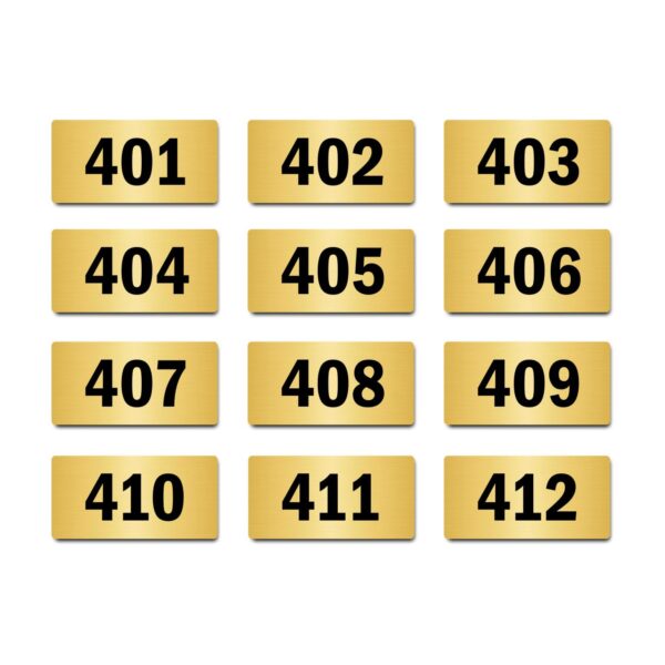 Door Numbers 401 to 412 Acrylic Board Medium Gold Color 2mm Thick 6 x 3 Inches Pack of 12. Suitable for Fourth Floor Buildings, Flats, Apartments, Racks, Shelfs for Arranging | Mindcraftz