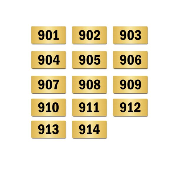 Door Numbers 901 to 914 Acrylic Board Small Gold Color 2mm Thick 4 x 2 Inches Pack of 14. Suitable for Nineth Floor Buildings, Flats, Apartments, Racks, Shelfs for Arranging | Mindcraftz