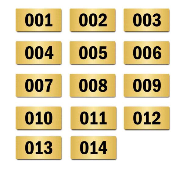 Door Numbers 001 to 014 Acrylic Board Medium Gold Color 2mm Thick 6 x 3 Inches Pack of 14. Suitable for Ground Floor Buildings, Flats, Apartments, Racks, Shelfs for Arranging | Mindcraftz