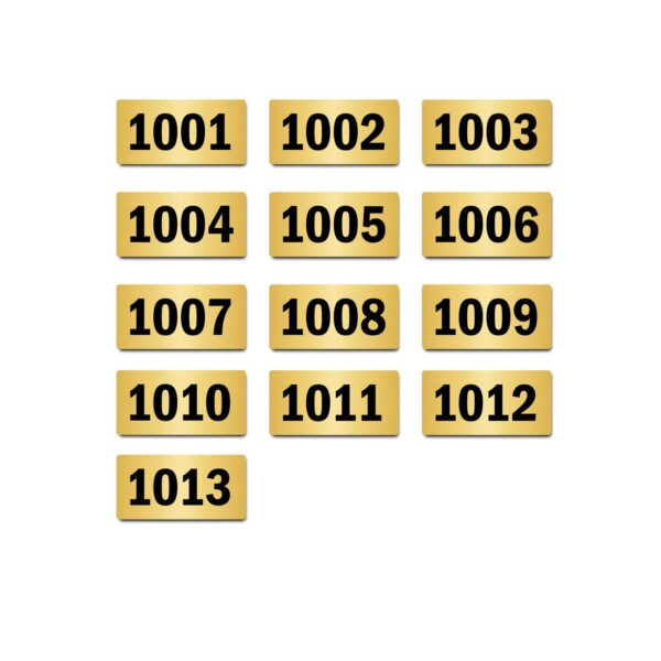 Door Numbers 1001 to 1013 Acrylic Board Small Gold Color 2mm Thick 4 x 2 Inches Pack of 13. Suitable for Tenth Floor Buildings, Flats, Apartments, Racks, Shelfs for Arranging | Mindcraftz