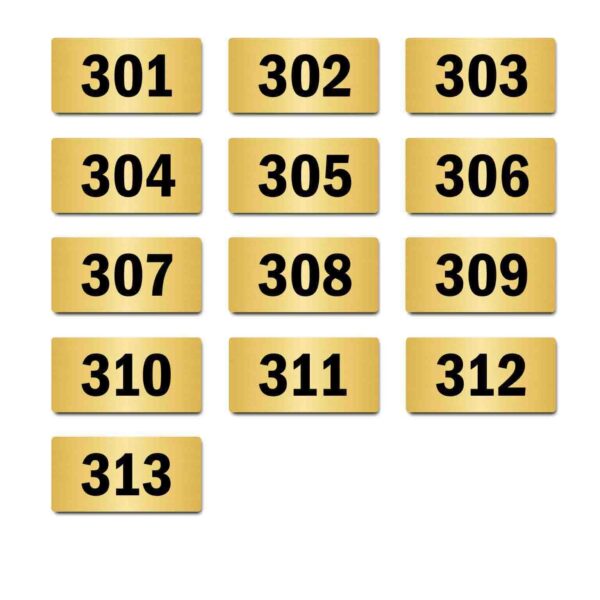 Door Numbers 301 to 313 Acrylic Board Medium Gold Color 2mm Thick 6 x 3 Inches Pack of 13. Suitable for Third Floor Buildings, Flats, Apartments, Racks, Shelfs for Arranging | Mindcraftz