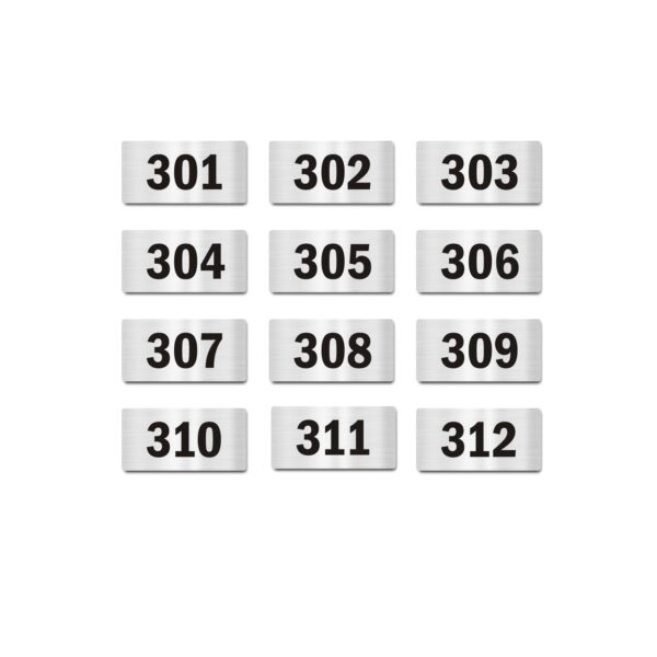 Door Numbers 301 to 312 Acrylic Board Small Silver Color 2mm Thick 4 x 2 Inches Pack of 12. Suitable for Third Floor Buildings, Flats, Apartments, Racks, Shelfs for Arranging | Mindcraftz