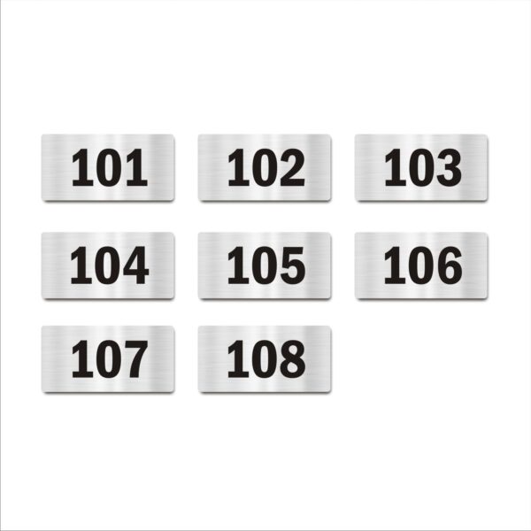Door Numbers 101 to 108 Acrylic Board Medium Silver Color 2mm Thick 6 x 3 Inches Pack of 8 Suitable for First Floor Buildings, Flats, Apartments, Racks, Shelfs for Arranging | Mindcraftz