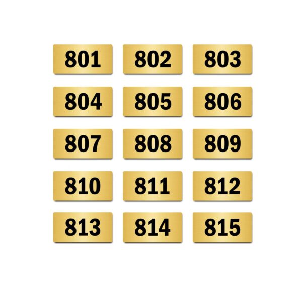 Door Numbers 801 to 815 Acrylic Board Small Gold Color 2mm Thick 4 x 2 Inches Pack of 15. Suitable for Eighth Floor Buildings, Flats, Apartments, Racks, Shelfs for Arranging | Mindcraftz