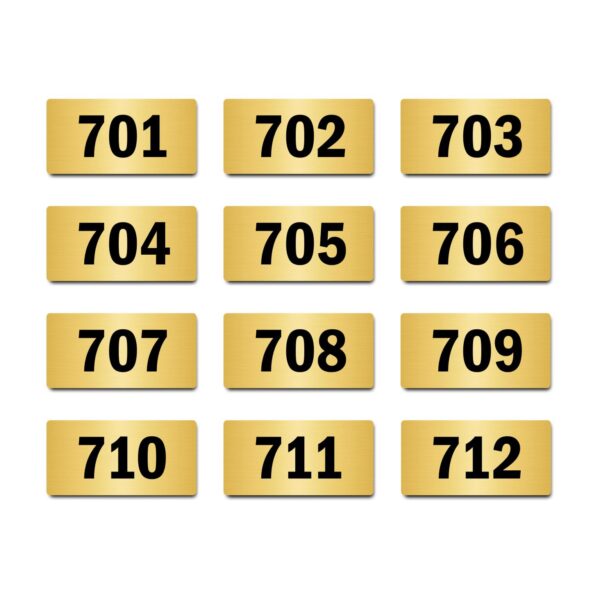 Door Numbers 701 to 712 Acrylic Board Medium Gold Color 2mm Thick 6 x 3 Inches Pack of 12. Suitable for Seventh Floor Buildings, Flats, Apartments, Racks, Shelfs for Arranging | Mindcraftz