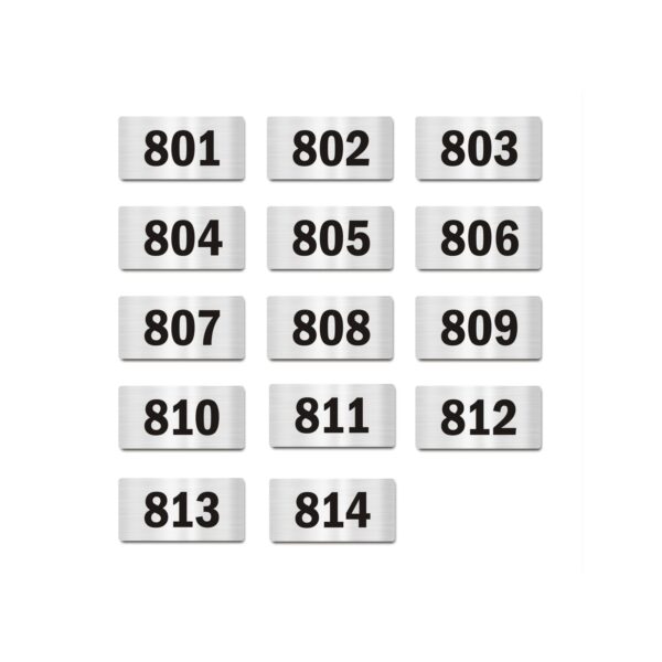 Door Numbers 801 to 814 Acrylic Board Small Silver color 2mm thick 4 x 2 Inches Pack of 14. Suitable for Eighth Floor Buildings, Flats, Apartments, Racks, Shelfs for arranging | Mindcraftz