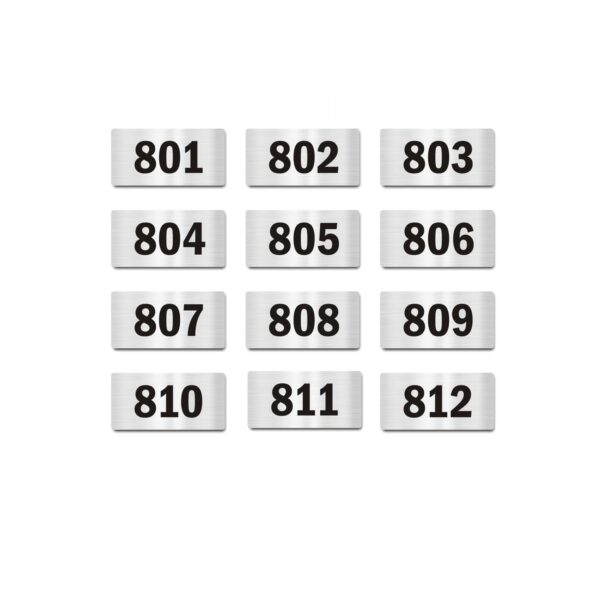 Door Numbers 801 to 812 Acrylic Board Small Silver Color 2mm Thick 4 x 2 Inches Pack of 12. Suitable for Eighth Floor Buildings, Flats, Apartments, Racks, Shelfs for Arranging | Mindcraftz