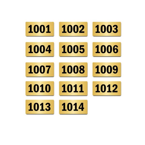 Door Numbers 1001 to 1014 Acrylic Board Small Gold Color 2mm Thick 4 x 2 Inches Pack of 14. Suitable for Tenth Floor Buildings, Flats, Apartments, Racks, Shelfs for Arranging | Mindcraftz