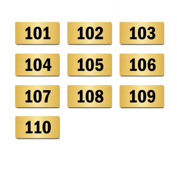 Door Numbers 101 to 110 Acrylic Board Medium Gold color 2mm thick 6 x 3 Inches Pack of 10. Suitable for First Floor Buildings, Flats, Apartments, Racks, Shelfs for arranging | Mindcraftz