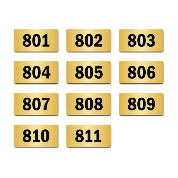 Door Numbers 801 to 811 Acrylic Board Small Gold Color 2mm Thick 4 x 2 Inches Pack of 11. Suitable for Eighth Floor Buildings, Flats, Apartments, Racks, Shelfs for Arranging | Mindcraftz