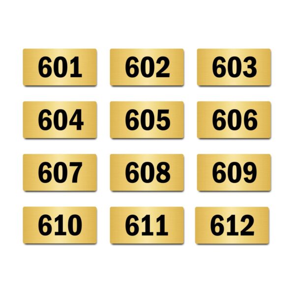 Door Numbers 601 to 612 Acrylic Board Medium Gold Color 2mm Thick 6 x 3 Inches Pack of 12. Suitable for Sixth Floor Buildings, Flats, Apartments, Racks, Shelfs for Arranging | Mindcraftz