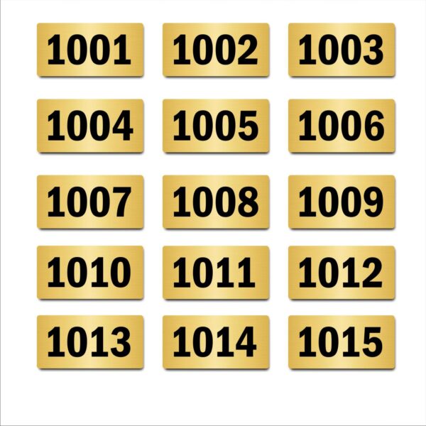 Door Numbers 1001 to 1015 Acrylic Board Small Gold color 2mm thick 6 x 3 Inches Pack of 15. Suitable for Tenth Floor Buildings, Flats, Apartments, Racks, Shelfs for arranging | Mindcraftz