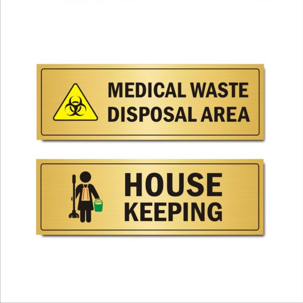Medical Waste Disposal Area and House Keeping Acrylic Sign Board Gold Color for Hospitals 15 x 5 Inches Pack of 2| Mindcraftz