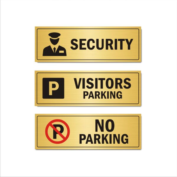Security | Visitors Parking | No Parking Combo Acrylic Sign Board Gold Color 12x4 Inches | 2mm thick | Pack of 3 |Suitable for out side offices, entry area, Gate, Watchman etc.Mindcraftz