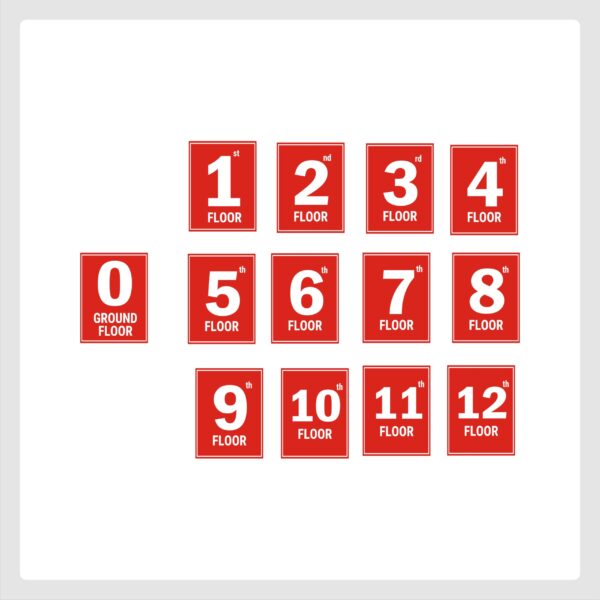 G plus Twelve Floor Lift Lobby Staircase Floor Number Acrylic Sign Board Red Color 2mm Thickness 8 x 6 inches Pack of 13