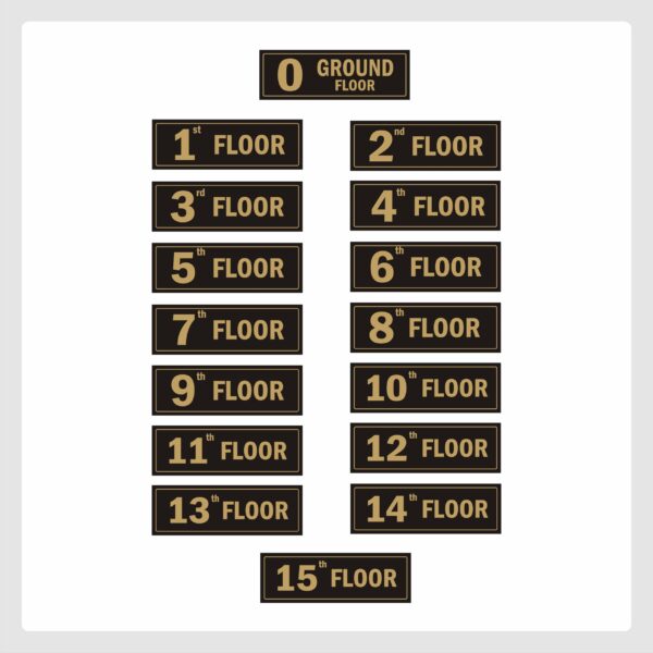 Fifteen Floor Lifts Lobby Stair case Acrylic Sign Board Gold color 2mm thickness 15 x 5 inches Pack of 16