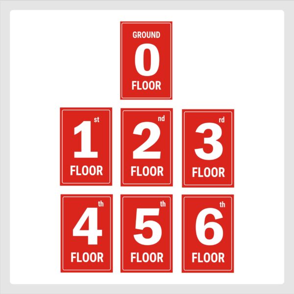 Six Floors Lifts Lobby Stair case Acrylic Sign Board Red color 2mm thick 12 x 8 inches Pack of 7