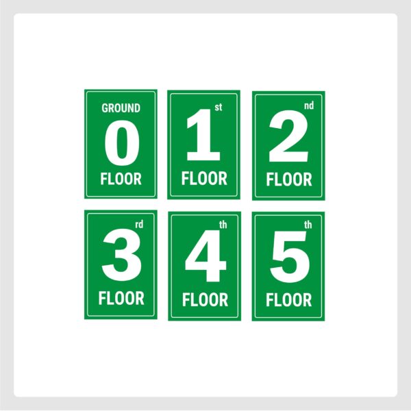 Five Floors Lifts Lobby Stair case Acrylic Sign Board Green color 2mm thick 12 x 8 inches Pack of 6