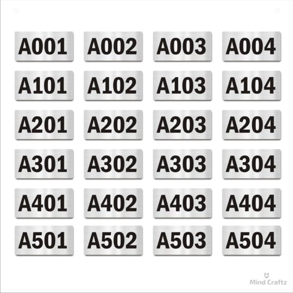 A001 Combo 4 Door Number Plates with Floors 6 Sets (Pack of 24) Tower Apartments Building A Series | Printed Silver Acrylic Black Brush Finish Plate with Double Side Tape on Backside