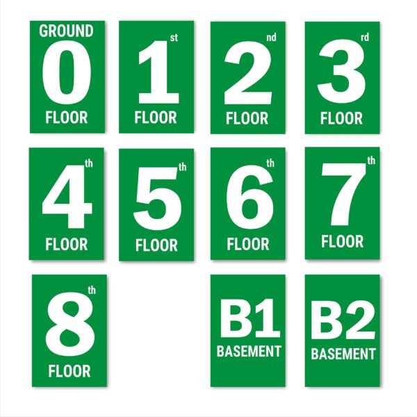 Green Color Floor Numbers Signboards Display stickers for eight floor buildings 12 x 8 inches Pack of 11