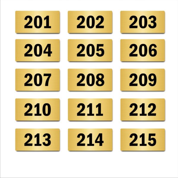 Door Numbers 201 to 215 Acrylic Board Small Gold color 2mm thick 6 x 3 Inches Pack of 15. Suitable for Second Floor Buildings, Flats, Apartments, Racks, Shelfs for arranging | Mindcraftz