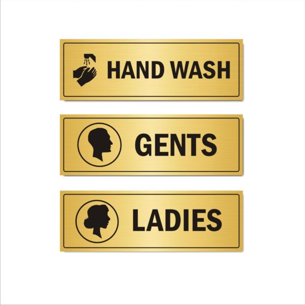 Handwash | Gents toilet | Ladies Toilet Combo Acrylic Sign Board Gold Color 12x4 Inches | 2mm thick | Pack of 3 |Suitable for Restaurants, Hotels & Cafes, Canteens etc. Mindcraftz