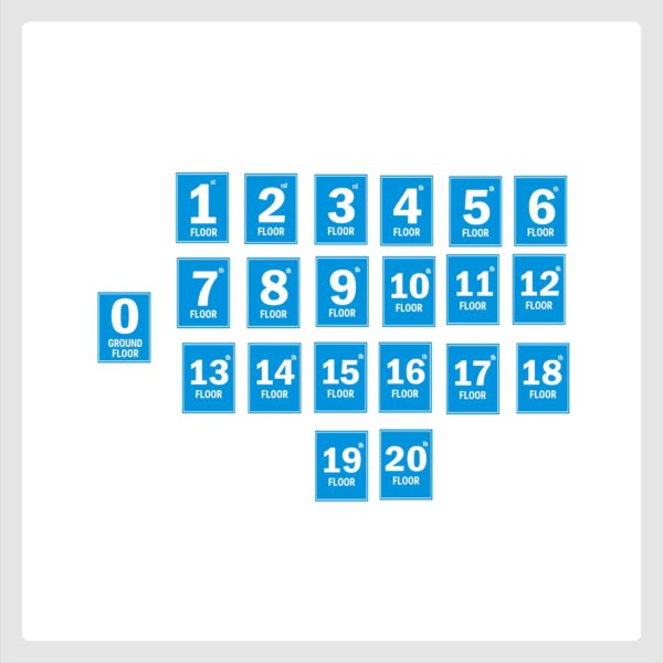 G plus Twenty Floor Lift Lobby Staircase Floor Number Acrylic Sign Board Blue Color 2mm Thickness 8 x 6 inches Pack of 21