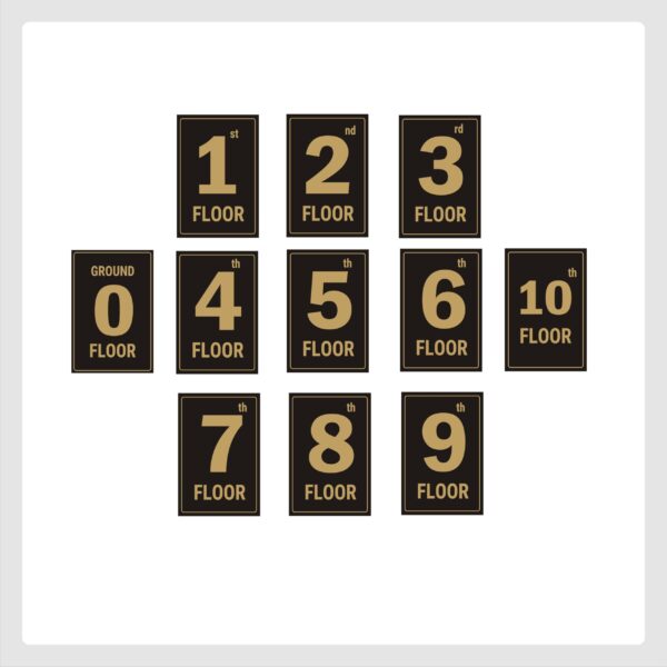 Ten Floors Lifts Lobby Stair case Acrylic Sign Board Gold color 2mm thick 12 x 8 inches Pack of 11