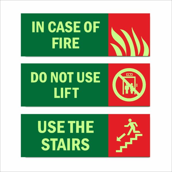 In Case of Fire Do not use lift Use the stairs Night Glow Radium Acrylic Sign Board 15 x 5 Inches Waterproof High Visibility Emergency Safety Sign Mindcraftz