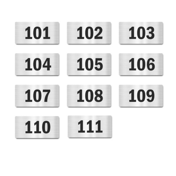 Door Numbers 101 to 111 Acrylic Board Small Silver Color 2mm Thick 4 x 2 Inches Pack of 11. Suitable for First Floor Buildings, Flats, Apartments, Racks, Shelfs for Arranging | Mindcraftz