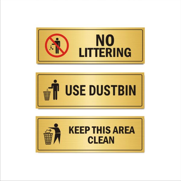 No Littering | Use Dustbin | Keep Clean This Area Combo Acrylic Sign Board Gold Color 12x4 Inches | 2mm thick | Pack of 3 |Suitable for offices and shops etc.Mindcraftz