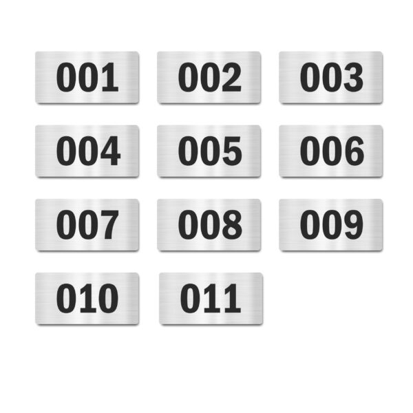 Door Numbers 001 to 011 Acrylic Board Small Silver Color 2mm Thick 4 x 2 Inches Pack of 11. Suitable for Ground Floor Buildings, Flats, Apartments, Racks, Shelfs for Arranging | Mindcraftz