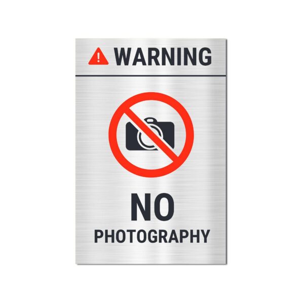No Photography Warning Sign Board Silver Color Sticker | Pack of 2 | 12 x 8 inches