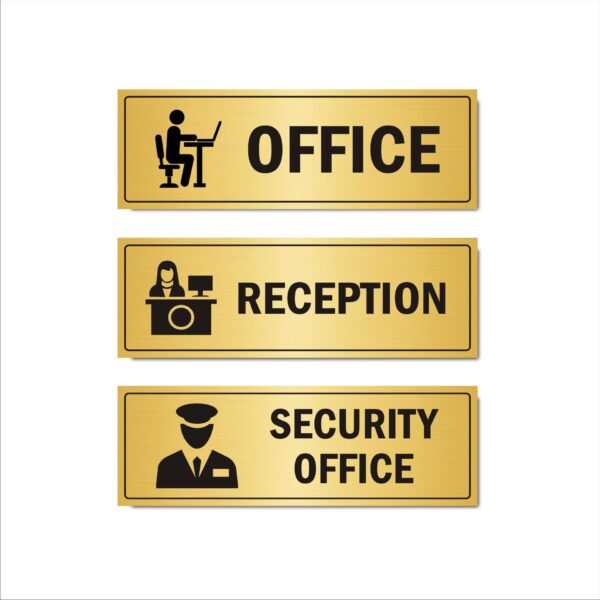 Office | Reception | Security Office Combo Acrylic Sign Board Gold Color 12x4 Inches | 2mm thick | Pack of 3 |Suitable for Offices, Godowns, warehouse etc. Mindcraftz