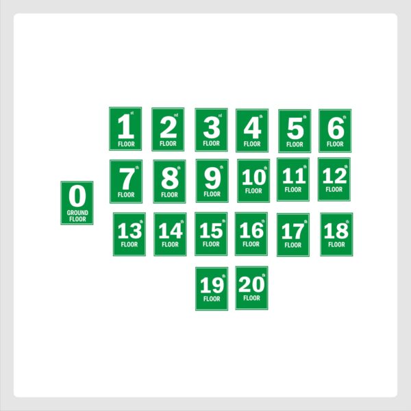 G plus Twenty Floor Lift Lobby Staircase Floor Number Acrylic Sign Board Green Color 2mm Thickness 8 x 6 inches Pack of 21