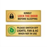 Kindly Lock The Door Before Sleeping, Please Switch Off Light, Fan, AC When not in use Acrylic Sign Board 15 x 5 Inches Gold Color for Hospital, Clinics Pack of 2| Mindcraftz