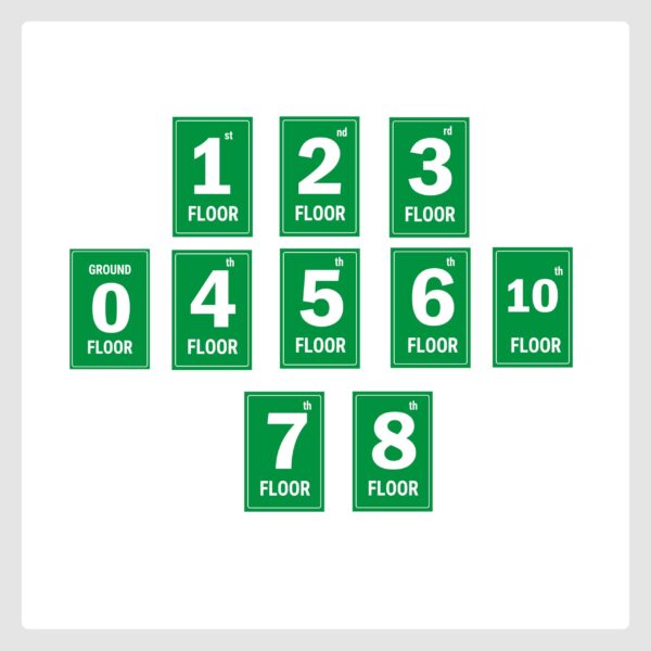 Ten Floors Lifts Lobby Stair case Acrylic Sign Board Green color 2mm thick 12 x 8 inches Pack of 11