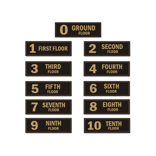 Ten Floor Building Lift Lobby Staircase Acrylic Floor Sign Board Black Gold Color 2mm Thick 15 x 5 Inches Pack of 11 | Mindcraftz