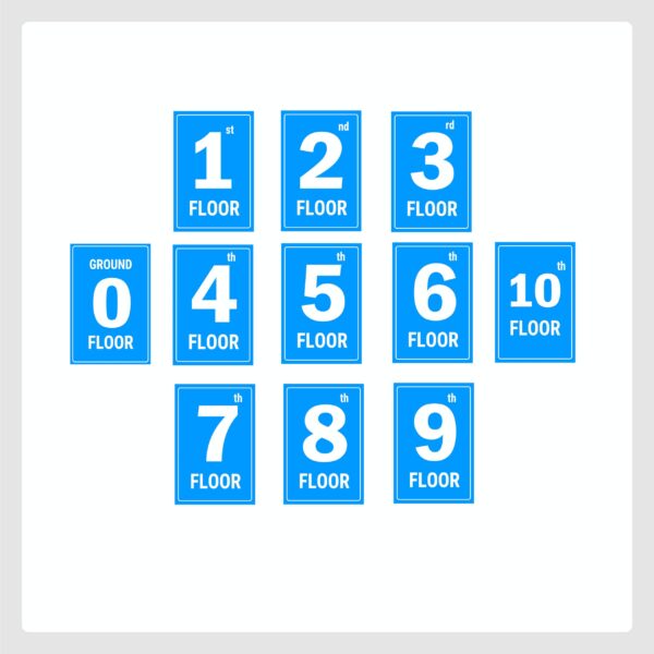 Ten Floors Lifts Lobby Stair case Acrylic Sign Board Blue color 2mm thick 12 x 8 inches Pack of 11
