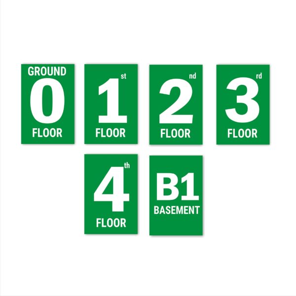 Green Color Floor Numbers Signboards Display stickers for four floor buildings 12 x 8 inches Pack of 6