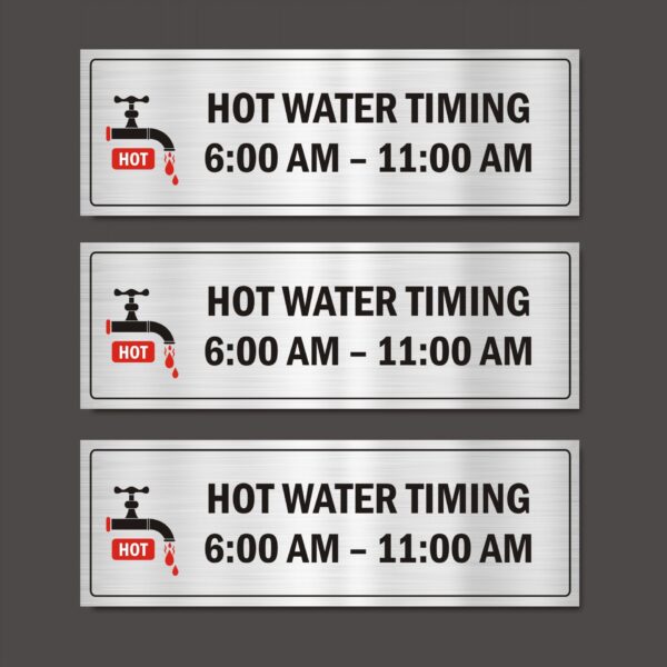 Hot Water Timing Acrylic Sign Board Silver Color for Hospitals 15 x 5 Inches Pack of 3 | Mindcraftz