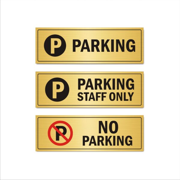 Parking | Parking Staff Only | No Parking Combo Acrylic Sign Board Gold Color 12x4 Inches | 2mm thick | Pack of 3 |Suitable for commercial buildings Parking areas, Basements etc. Mindcraftz