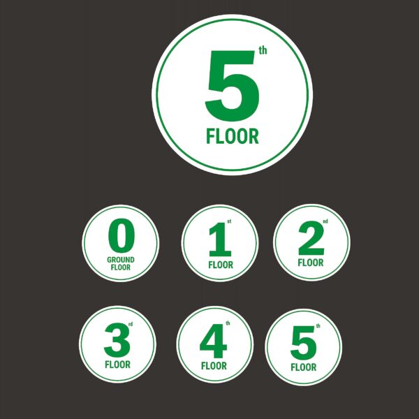 G Plus Five floors Round Green color Stairs Lifts Lobby Acrylic Sign Board