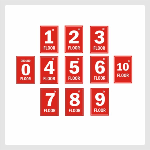 Ten Floors Lifts Lobby Stair case Acrylic Sign Board Red color 2mm thick 12 x 8 inches Pack of 11