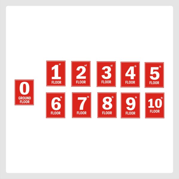 G plus Ten Floor Lift Lobby Staircase Floor Number Acrylic Sign Board Red Color 2mm Thickness 8 x 6 inches Pack of 11